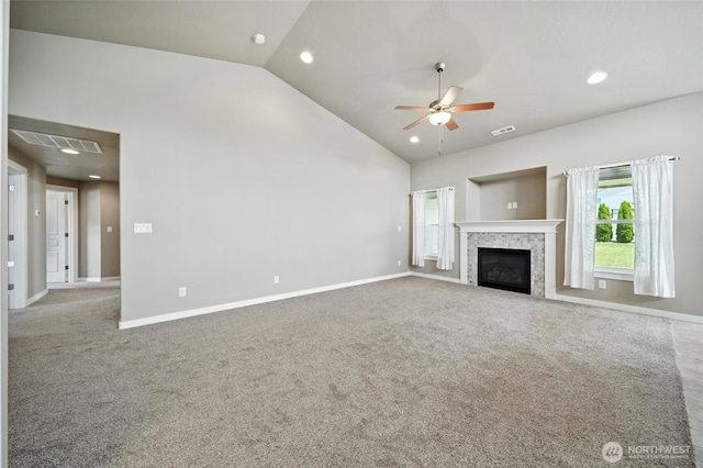 1330 Caprio Loop, Walla Walla, WA 99362 - unfurnished living room featuring ceiling fan, vaulted ceiling, carpet floors, a tiled fireplace, and recessed lighting