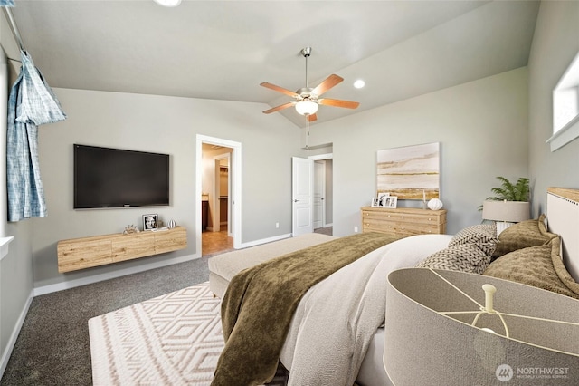1330 Caprio Loop, Walla Walla, WA 99362 - carpeted bedroom featuring vaulted ceiling, a ceiling fan, and ensuite bathroom