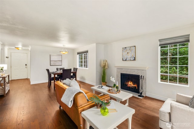 9822 NE 122nd St Unit U101, Kirkland, WA 98034 - living area with wood finished floors, a tiled fireplace, and crown molding