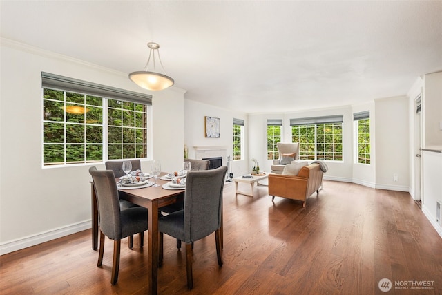 9822 NE 122nd St Unit U101, Kirkland, WA 98034 - dining area with a fireplace, wood finished floors, plenty of natural light, and crown molding