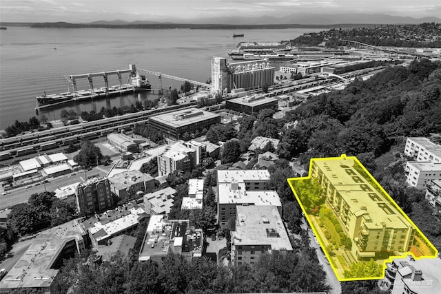 500 W Roy St Unit W103, Seattle, WA 98119 - aerial view of property and surrounding area with a nearby body of water and property boundaries highlighted