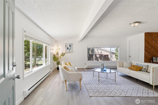 19520 Grannis Rd, Bothell, WA 98012 - living room featuring a baseboard heating unit, a textured ceiling, plenty of natural light, wood finished floors, and beamed ceiling