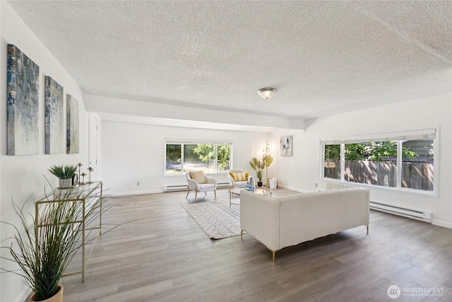 19520 Grannis Rd, Bothell, WA 98012 - living room with a baseboard heating unit, wood finished floors, and a textured ceiling