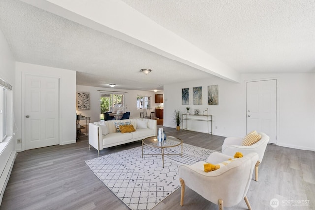 19520 Grannis Rd, Bothell, WA 98012 - living room featuring wood finished floors, a textured ceiling, and beamed ceiling