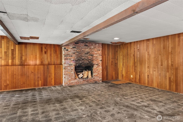 4728 86th Ave SE, Mercer Island, WA 98040 - unfurnished living room with wood walls and a brick fireplace