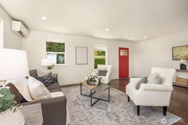 7554 34th Ave SW, Seattle, WA 98126 - living room featuring a wall mounted AC, wood finished floors, and recessed lighting