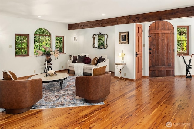 24917 Dockton Rd SW, Vashon, WA 98070 - living area with hardwood / wood-style floors, recessed lighting, and beam ceiling