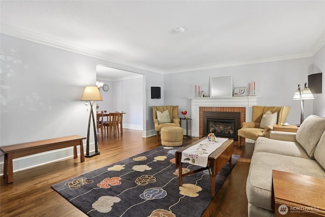 4712 90th Ave SE, Mercer Island, WA 98040 - living area featuring crown molding, wood finished floors, and a brick fireplace