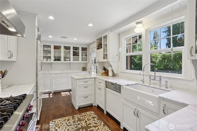 4712 90th Ave SE, Mercer Island, WA 98040 - kitchen featuring wall chimney exhaust hood, white cabinetry, light stone counters, and recessed lighting