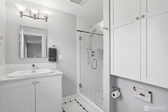 4712 90th Ave SE, Mercer Island, WA 98040 - full bathroom with a stall shower, vanity, and tile patterned flooring