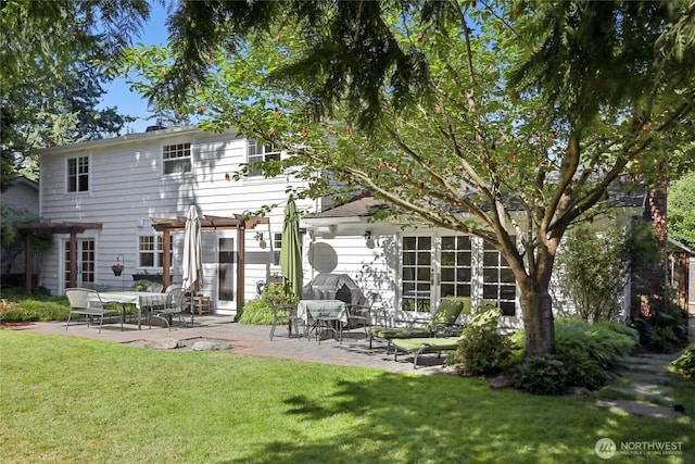 4712 90th Ave SE, Mercer Island, WA 98040 - rear view of property featuring a pergola, a patio, a lawn, and french doors