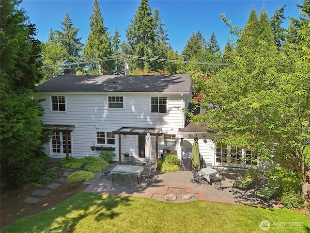 4712 90th Ave SE, Mercer Island, WA 98040 - back of house with a patio area, a lawn, a chimney, and french doors