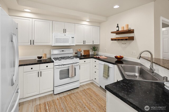 412 228th St SW Unit F101, Bothell, WA 98021 - kitchen featuring white appliances, white cabinets, open shelves, recessed lighting, and light wood-style flooring