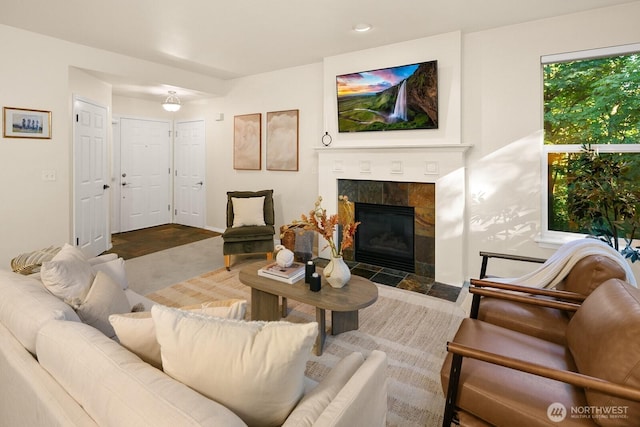 412 228th St SW Unit F101, Bothell, WA 98021 - living area featuring a tile fireplace and recessed lighting