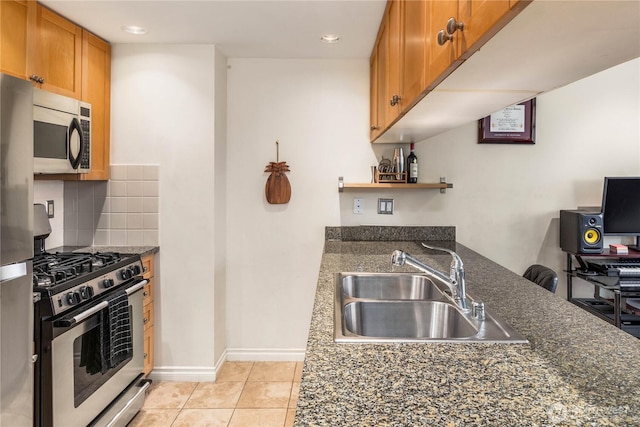 1420 Terry Ave Unit 1607, Seattle, WA 98101 - kitchen with stainless steel appliances, brown cabinets, tasteful backsplash, open shelves, and light tile patterned floors