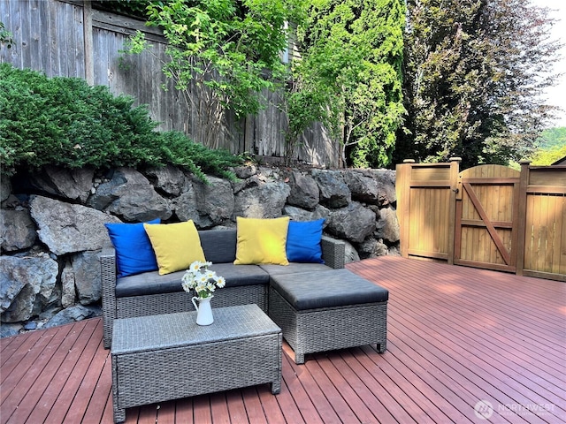 8123 129th Pl SE, Newcastle, WA 98056 - wooden terrace with a gate and outdoor lounge area