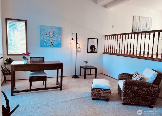8123 129th Pl SE, Newcastle, WA 98056 - sitting room featuring carpet floors, a desk, and a high ceiling