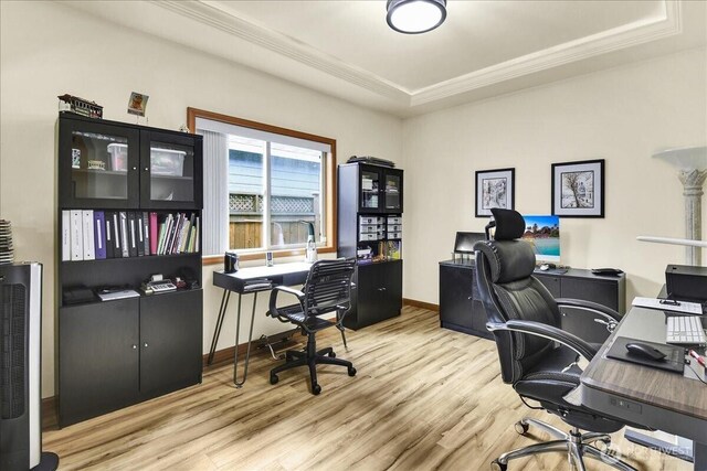 15203 148th Avenue Ct E, Orting, WA 98360 - office area with wood finished floors, a raised ceiling, and ornamental molding