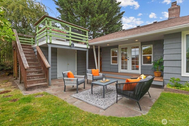 4301 1st Ave NW, Seattle, WA 98107 - view of patio / terrace with stairway, french doors, a wooden deck, and an outdoor hangout area