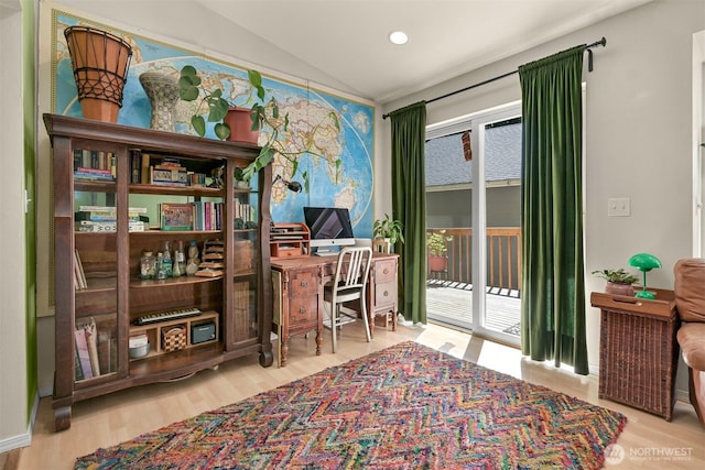 10 Cedar Pl, Bellingham, WA 98229 - office area featuring wood finished floors, vaulted ceiling, and recessed lighting