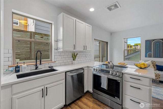 4802 Delridge Way SW, Seattle, WA 98106 - kitchen with stainless steel appliances, a peninsula, light countertops, decorative backsplash, and recessed lighting