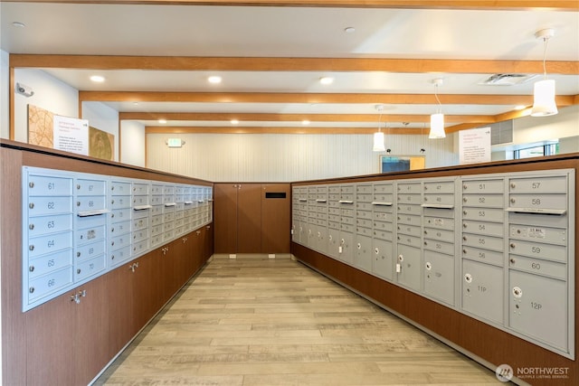 1760 NW 56th St Unit 520, Seattle, WA 98107 - view of home's community featuring mail area, beamed ceiling, wooden walls, and recessed lighting