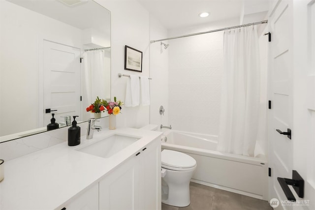 6042B 41st Ave SW, Seattle, WA 98136 - bathroom with vanity, shower / bath combo with shower curtain, tile patterned flooring, and recessed lighting