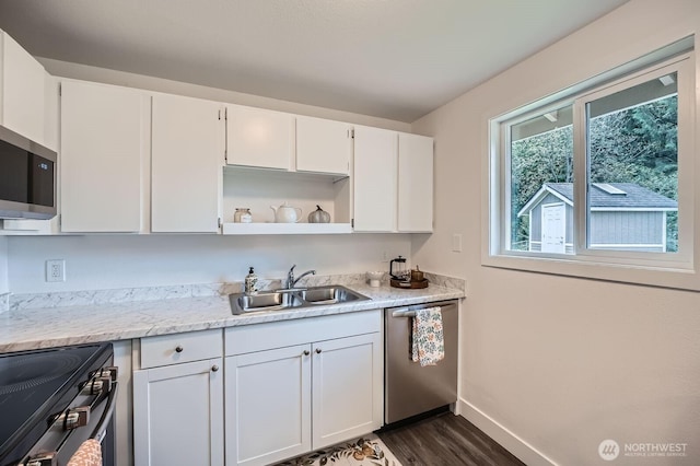 10985 SE 225th St, Kent, WA 98031 - kitchen featuring stainless steel appliances, dark wood-style floors, white cabinets, and open shelves