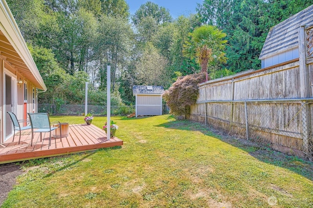10985 SE 225th St, Kent, WA 98031 - fenced backyard with a wooden deck and a storage shed