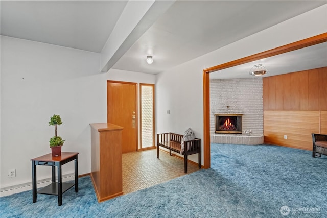 386 Mocliff Rd, Ephrata, WA 98823 - living room with carpet flooring and a brick fireplace