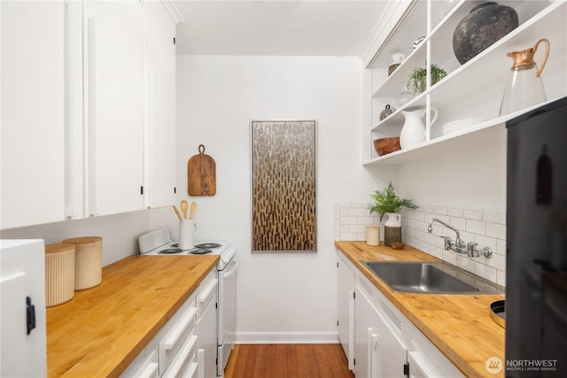 28091/2 Mount Rainier Dr S Unit 3, Seattle, WA 98144 - kitchen featuring butcher block countertops, white electric stove, decorative backsplash, white cabinetry, and open shelves