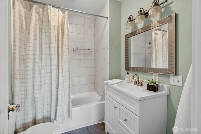2318 F St, Bellingham, WA 98225 - bathroom featuring vanity, shower / bath combo with shower curtain, and tile patterned flooring