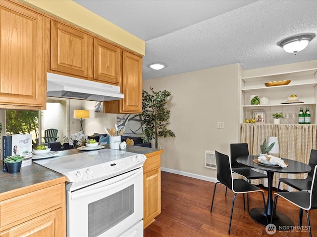 4811 76th St NE Unit 5, Marysville, WA 98270 - kitchen with white range with electric stovetop, under cabinet range hood, dark wood-type flooring, dark countertops, and a textured ceiling