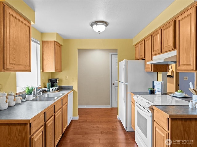 4811 76th St NE Unit 5, Marysville, WA 98270 - kitchen featuring white appliances, under cabinet range hood, and dark wood-type flooring