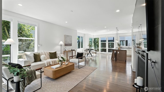 9608 NE 182nd Ct Unit D, Bothell, WA 98011 - living room featuring plenty of natural light, recessed lighting, and wood finished floors