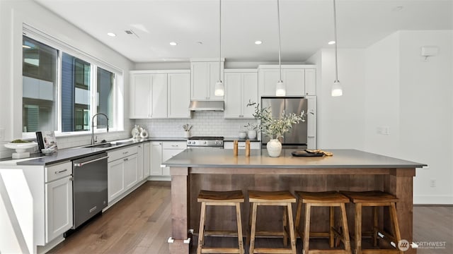 9608 NE 182nd Ct Unit D, Bothell, WA 98011 - kitchen featuring stainless steel appliances, under cabinet range hood, dark wood-style flooring, backsplash, and recessed lighting
