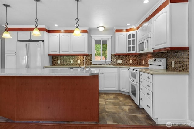 11636 25th Ave SE, Olympia, WA 98513 - kitchen with white appliances, white cabinets, glass insert cabinets, light countertops, and recessed lighting