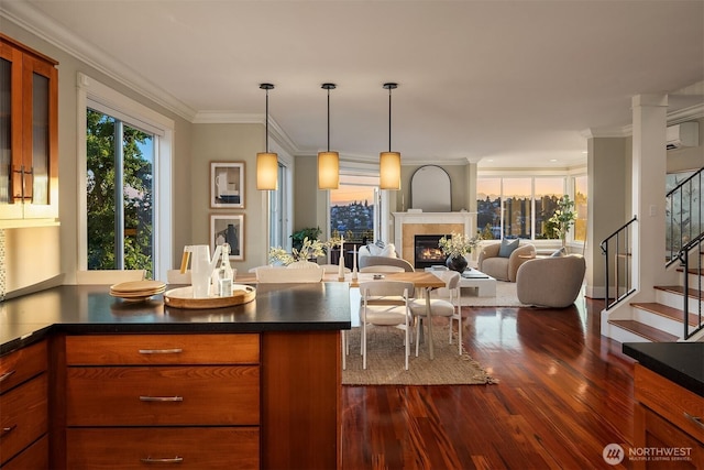 2542 12th Ave W, Seattle, WA 98119 - kitchen with a fireplace, dark wood-style floors, brown cabinetry, open floor plan, and an AC wall unit