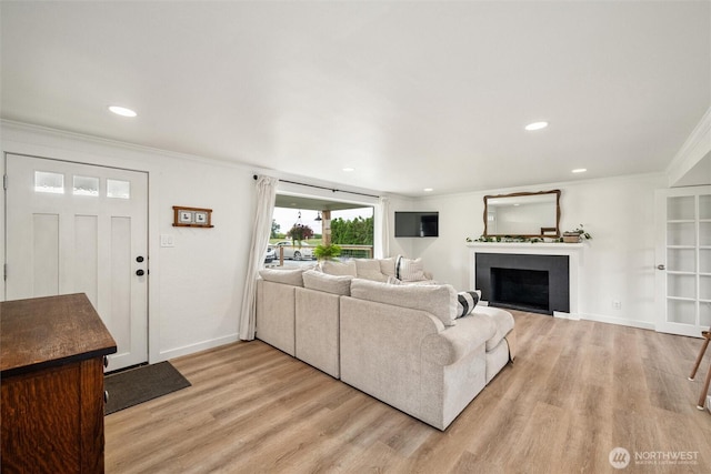 17371 Dunbar Rd, Mount Vernon, WA 98273 - living room featuring crown molding, light wood-style flooring, a fireplace, and recessed lighting