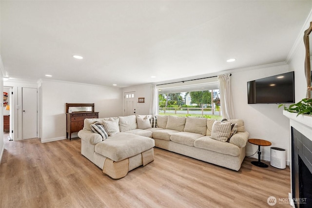 17371 Dunbar Rd, Mount Vernon, WA 98273 - living room featuring crown molding, a fireplace, light wood finished floors, and recessed lighting