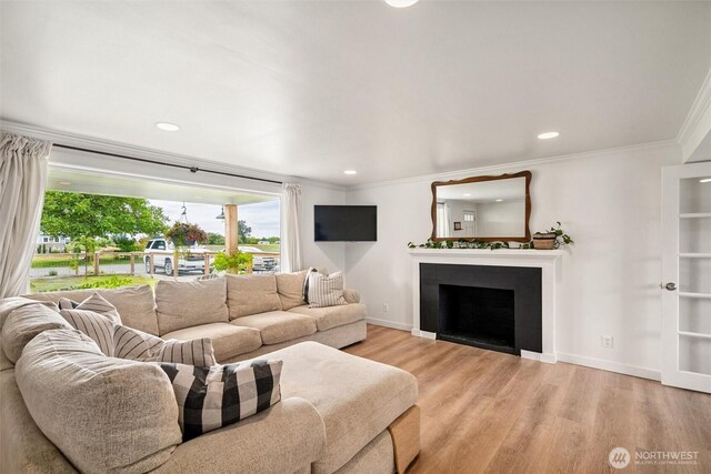 17371 Dunbar Rd, Mount Vernon, WA 98273 - living room featuring crown molding, light wood-type flooring, a fireplace, and recessed lighting