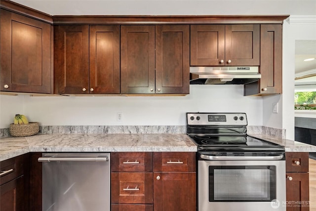 17371 Dunbar Rd, Mount Vernon, WA 98273 - kitchen with appliances with stainless steel finishes, under cabinet range hood, and dark brown cabinets