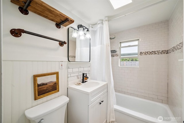 17371 Dunbar Rd, Mount Vernon, WA 98273 - full bathroom with vanity, shower / bath combination with curtain, and a wainscoted wall