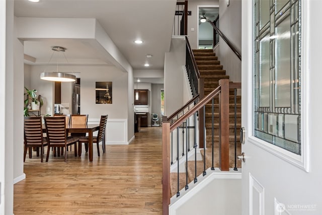 4921 Skylark St NE, Lacey, WA 98516 - foyer featuring light wood-style flooring, stairway, and recessed lighting