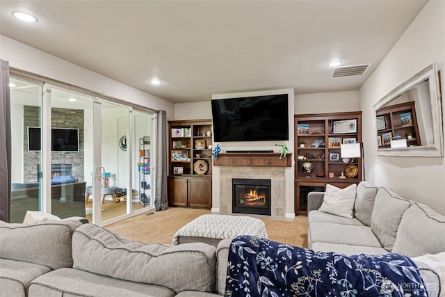 4921 Skylark St NE, Lacey, WA 98516 - carpeted living room featuring a fireplace and recessed lighting