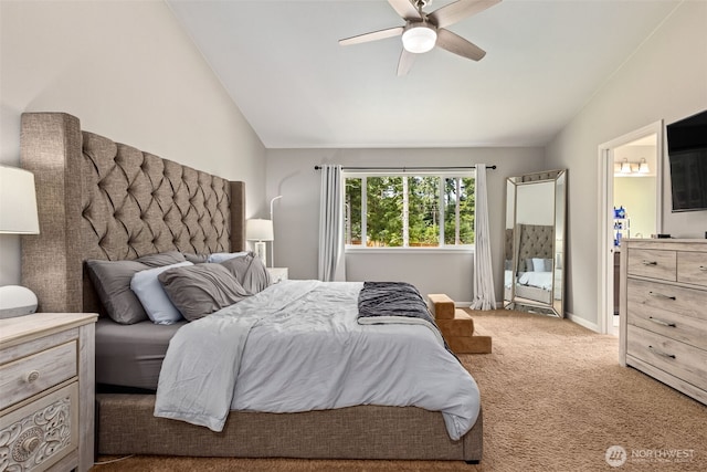 4921 Skylark St NE, Lacey, WA 98516 - bedroom featuring vaulted ceiling, carpet flooring, and a ceiling fan
