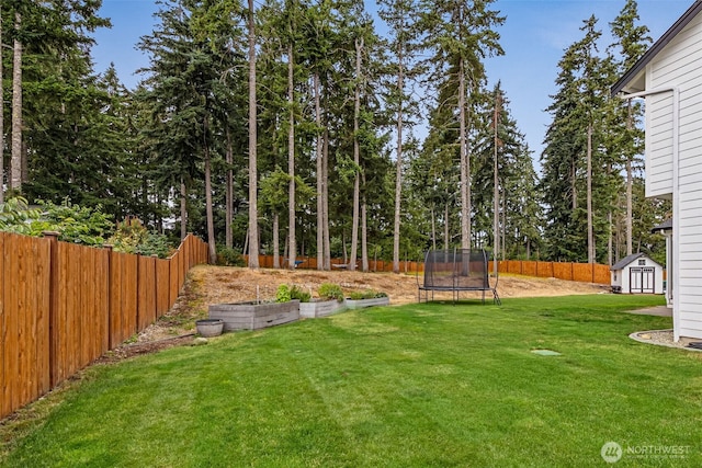 4921 Skylark St NE, Lacey, WA 98516 - fenced backyard with a trampoline, a storage shed, and a garden