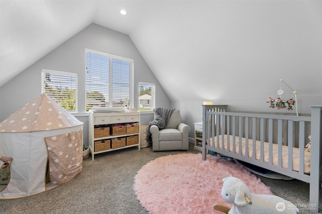709 7th St SW, Puyallup, WA 98371 - bedroom with carpet floors, vaulted ceiling, a nursery area, and recessed lighting