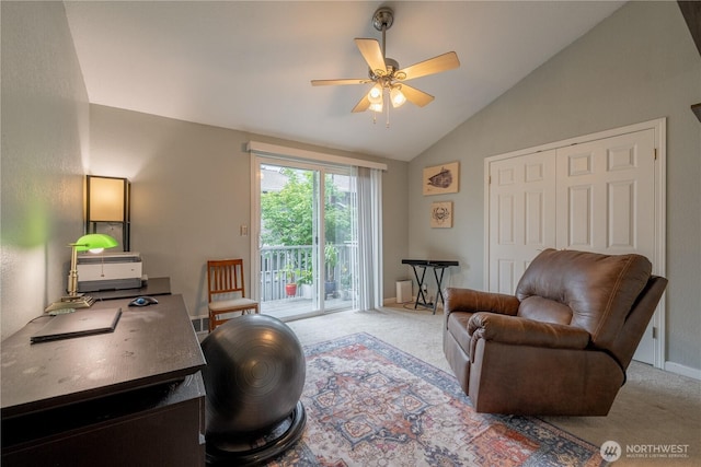 916 N 165th St Unit 7, Shoreline, WA 98133 - home office featuring light carpet, lofted ceiling, and a ceiling fan
