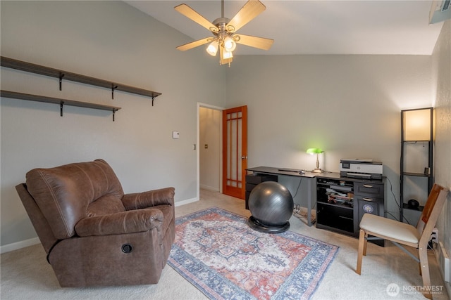 916 N 165th St Unit 7, Shoreline, WA 98133 - sitting room featuring light colored carpet, a ceiling fan, and high vaulted ceiling